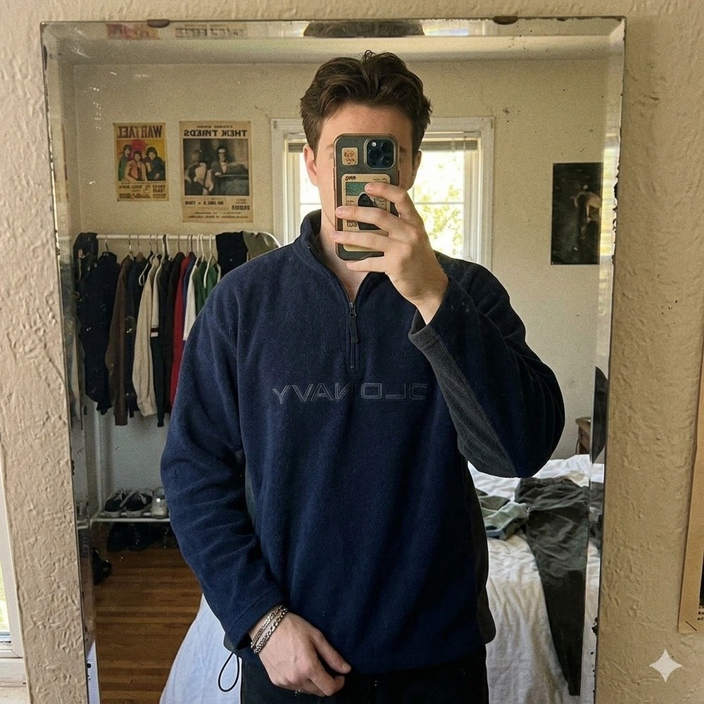 Old Navy Mens XXL Navy Blue Quarter Zip Fleece Pullover Embroidered Logo Vintage